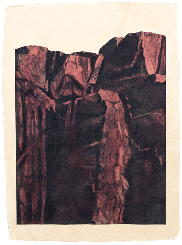 Red Rock (2018). Charcoal, conté and ink on khadi paper, 77.5 x 57 cm.Also available as a print.