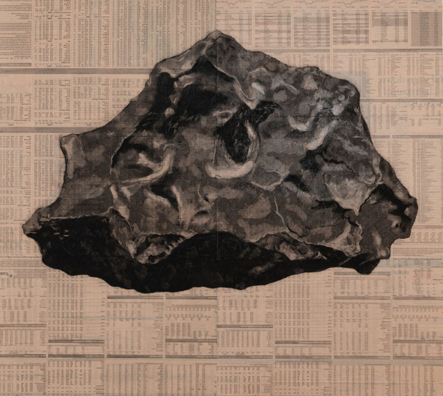 The Last Rock from the Sun (2019). Charcoal, conté on newspaper (FT), 56 x 64 cm.