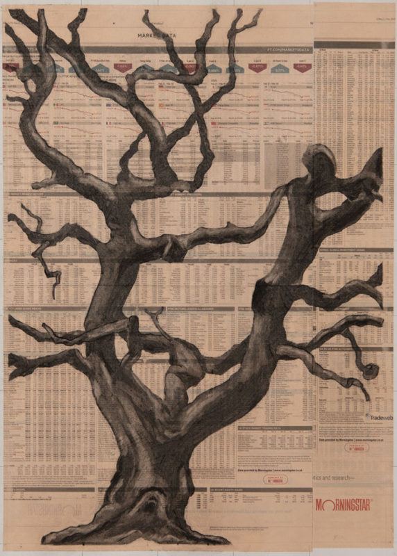 Untitled (2020). Charcoal on newspaper (FT), 59 x 42 cm.