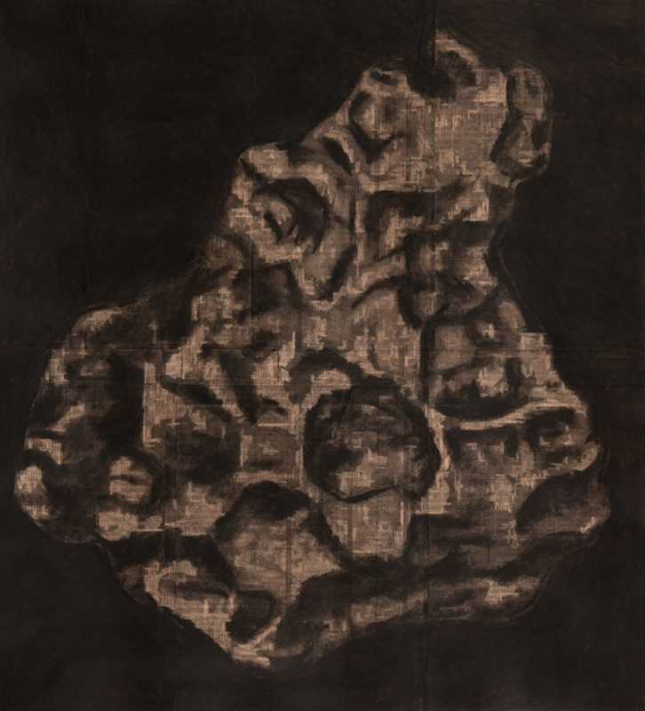 Asteroid (2021). Charcoal on newspaper (FT), 66 x 59.5 cm.