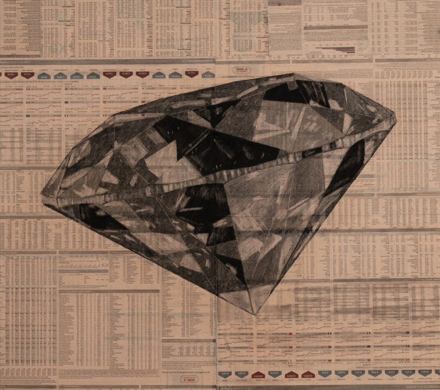 Diamond (2020). Charcoal on newspaper (FT), 56 x 63.5 cm.