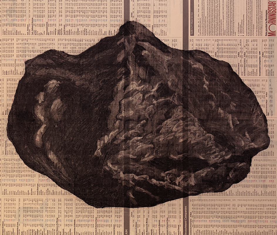 Rock of Ages (2019). Charcoal on newspaper (FT), 33 x 39 cm.