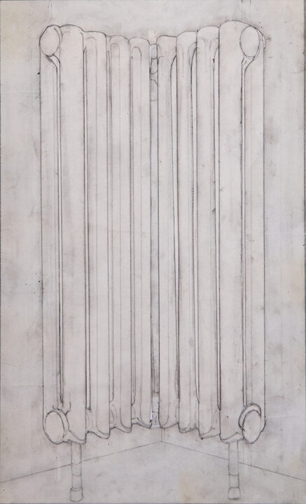 Wittgenstein’s Radiator (2023). Pencil on tracing paper on card, 41 x 26 cm.