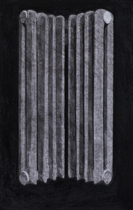 Wittgenstein’s Radiator (2023). Charcoal, conté and chalk on paper, 41 x 26 cm.