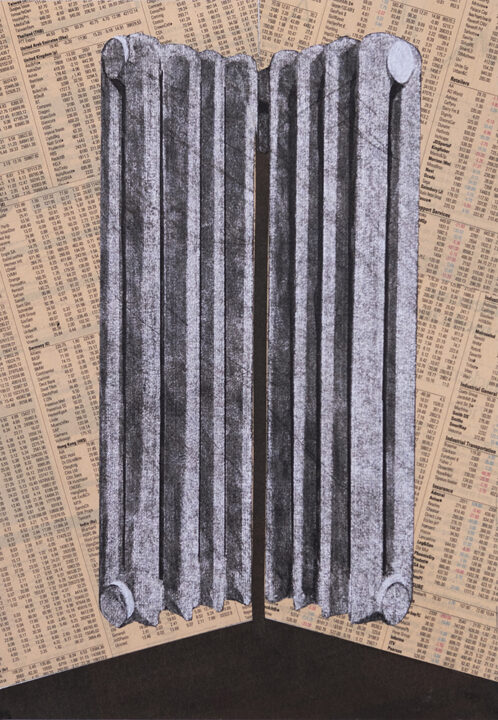 Wittgenstein's Radiator (2023). Collage on newspaper (FT) on card, 30 x 21.5 cm.