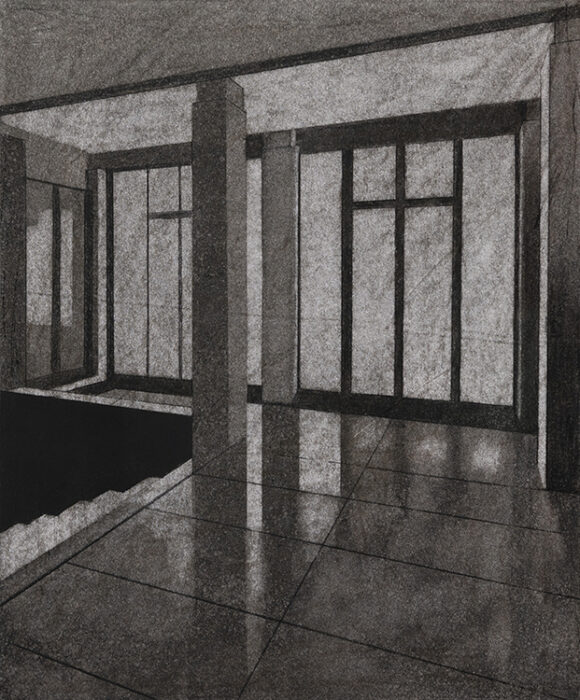 Interior/Terrace: From Space to Place (2023). Charcoal and graphite on paper, 33 x 28 cm.