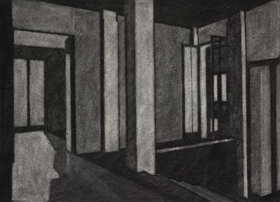 Hall/Entrance: Transition (2023). Charcoal on paper, 33 x 39 cm.