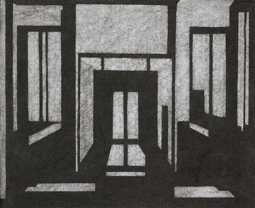 Entrance II: Orientation (2023). Charcoal and graphite on paper, 27 x 32 cm.
