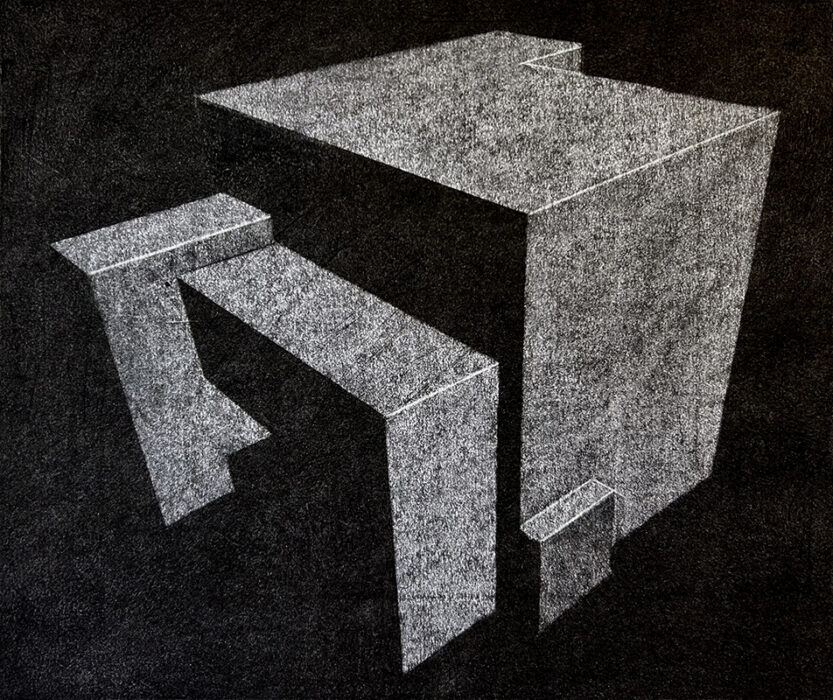 The Geometry of Form (2023). Charcoal and graphite on paper, 34 x 36 cm.